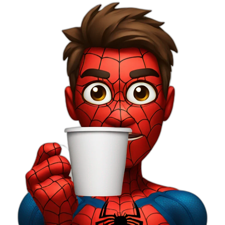 Spiderman holding a coffee cup and look tired emoji