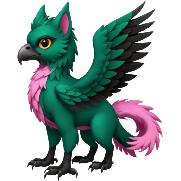 Dark-deep-Emerald-green gryphon-Trico-fusion-hybrid with a long tufted tail, black beak, pink accents, black claws, black tail, majestic, realistic, furry (full body) emoji