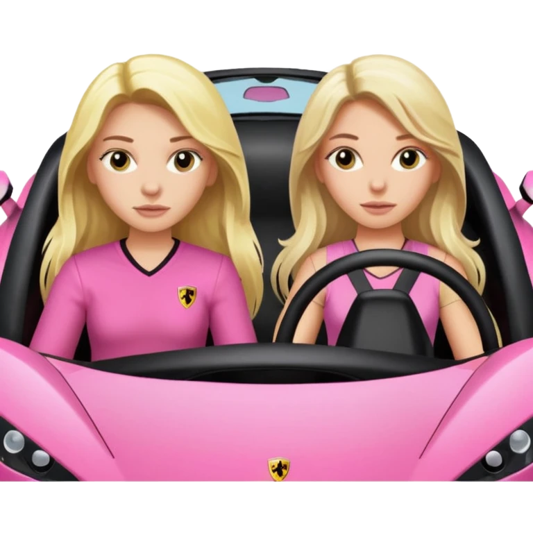 Make car far away so I can see full car Car facing forward in pink sports car. Make hair long are not smiling but very pretty. One girl is blonde, one girl is brunette. Front of car sitting in the seats. Make it a pink sports car. They are two baddies make it a Lamborghini pink car  emoji