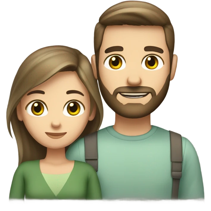 husband and wife. husband has light brown short straight hair, full beard, green eyes, olive skin. wife has medium length straight dark brown hair, hazel green eyes, pale skin emoji
