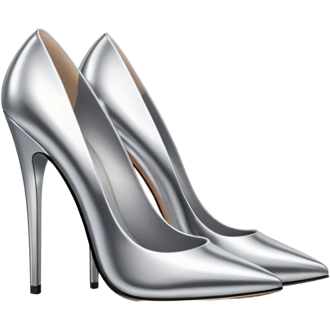 A pair of high heel shoes emoji made of polished silver chrome, elegant sharp silhouette, smooth metallic surface, glossy reflections, luxury sexy vibe, minimalistic iOS emoji style, centered, clean white background emoji
