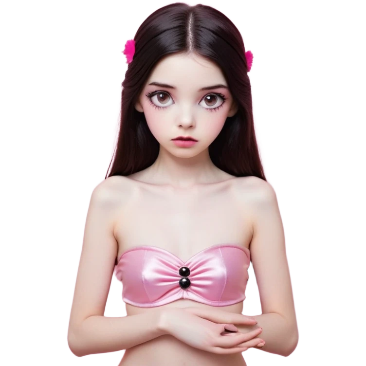 girl with white skin, dark brown long straight hair falling in front of her body, pouty shiny lips without cupid's bow, shiny large eyes with black eyeballs and long eyelashes, lighter button nose, very long oval-shaped face, wearing a pink bandeau top with straight neckline, looking directly at camera with hands down at sides emoji