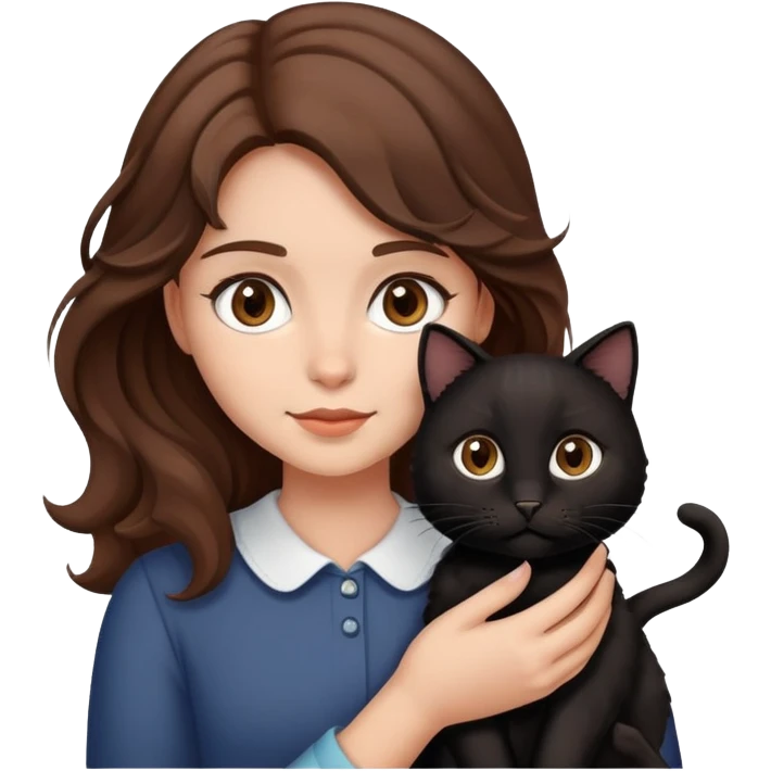 ragazza con i capelli mossi e castani occhi castani che tiene in braccio un gatto nero emoji