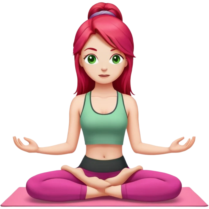 Long hair red head white girl with green eyes doing yoga wearing pink emoji