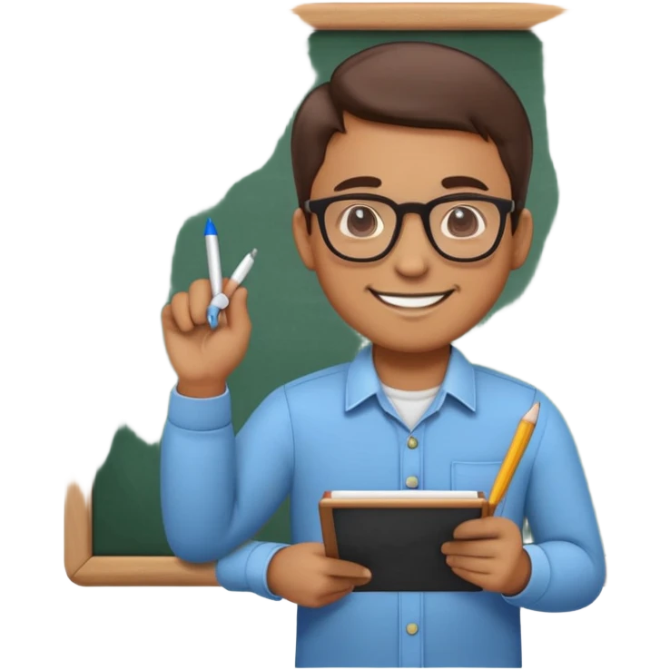 "Create a cute and detailed emoji of a male teacher writing on a chalkboard. The teacher is smiling, wearing glasses, and dressed in a casual shirt and pants. He is holding a piece of chalk and writing something on the blackboard. The style should be colorful, friendly, and cartoon-like, with simple and clear lines."
 emoji