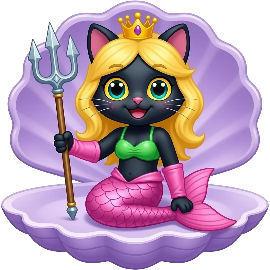 black anthro cat  happy #B8FFFF mermaid tail with pink fins and long pink gloves  yellow hair crown green swimsuit sitting on an open purple clam holding a trident emoji