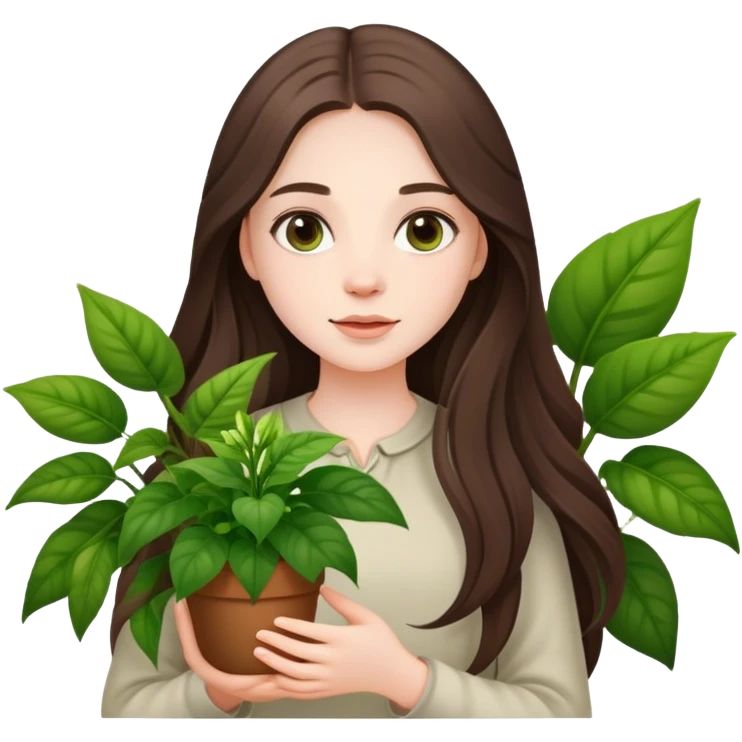 beautiful pale brunette girl with long hair holding plants  emoji
