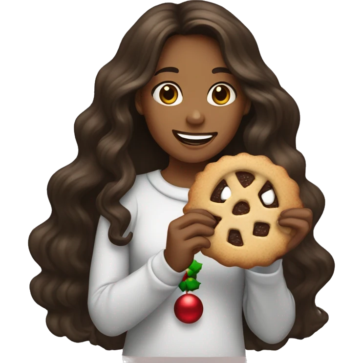 Tan girl with dark brown long wavy hair eating a Christmas cookie emoji