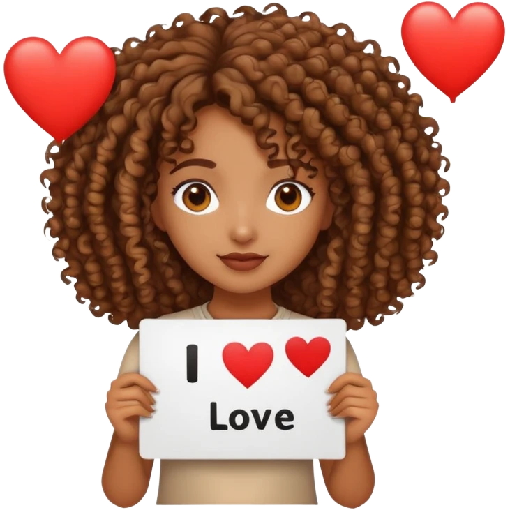 a curly hair brown girl holding a sign saying “I ❤️ T” emoji