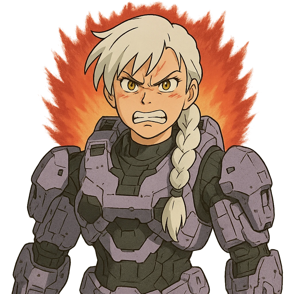making an angry scowl, frown closed mouth, rage face, rage aura,  female, wearing reach spartan armor shoulder-unequip, long white braid hair with massive messy front side single bangs, gold yellow eyes, attention pose, D-cup size, HALO:series, no helmet, the armor is lavender color scheme, emoji