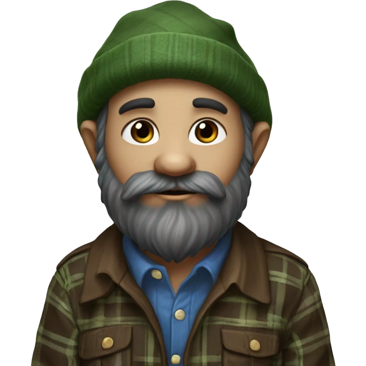 gnome with almost black beard, dark brown eyes, young, with a BLUE wool hat, brown boots and a green plaid shirt. The body should be cartoonish and not realistic. emoji