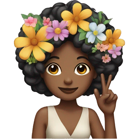 a black hair woman with a peace sign and flowers on her hair emoji