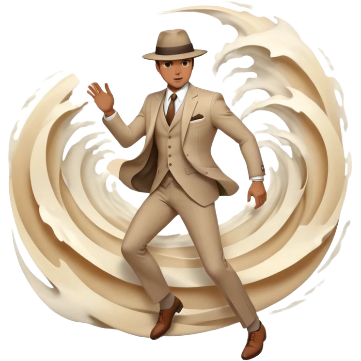 Ethereal male silhouette with suit jacket and hat, surrounded by flowing energy waves and subtle style elements, masculine fashion inspiration emoji