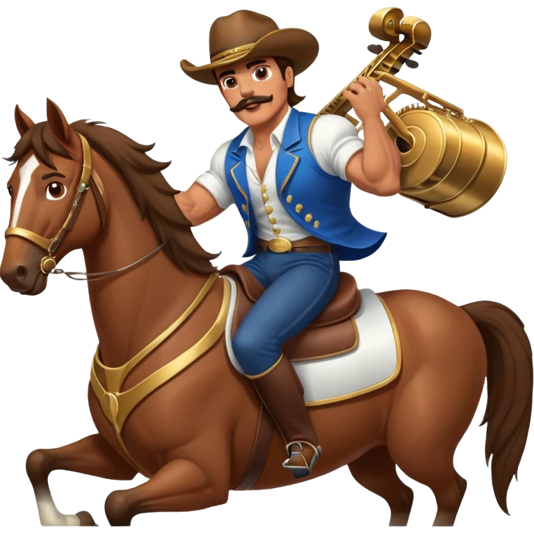 super jacked guy with a mustache and long hair playing the piano, but also riding a horse emoji
