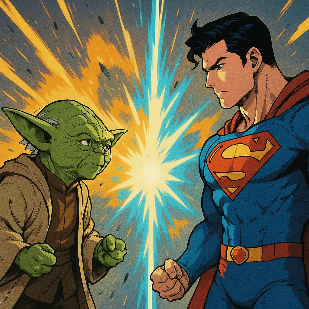 Anime Yoda and Superman facing each other with energy explosion effect, simple background emoji