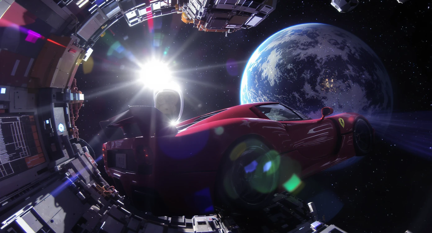 Cinematic still of a ferrari f40 floating in space, shot by space camera connect to spaceship, sun flare, big earth in background, captured by gopro hero with effect fisheye emoji