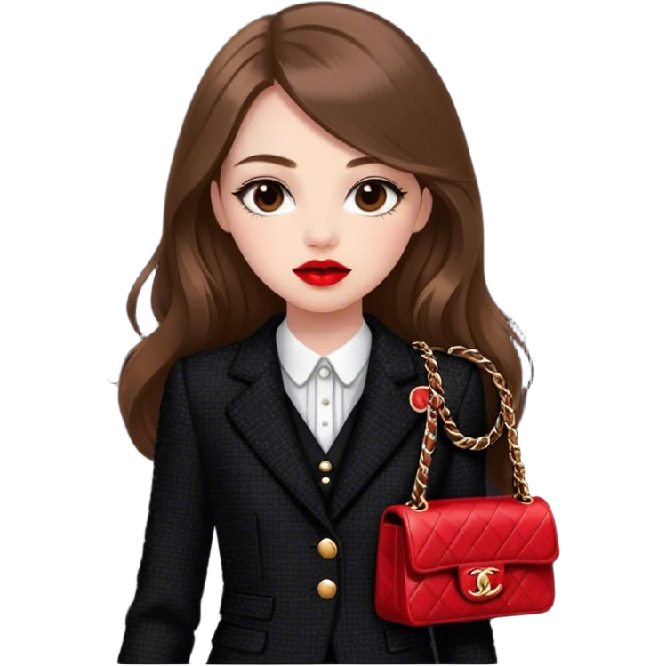 White girl with brown long hair dressed up in black chanel tweed suit with a red chanel bag and red lipstick. Close up emoji