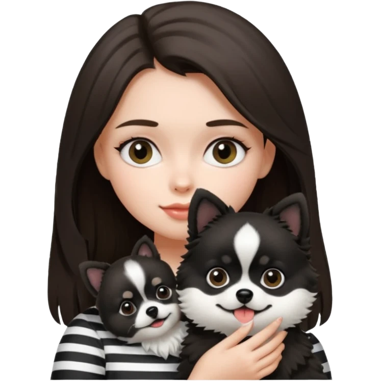 an brunette hair girl holding her black and white pomeranian dog that has white middle part in the face kinda looks like a panda emoji