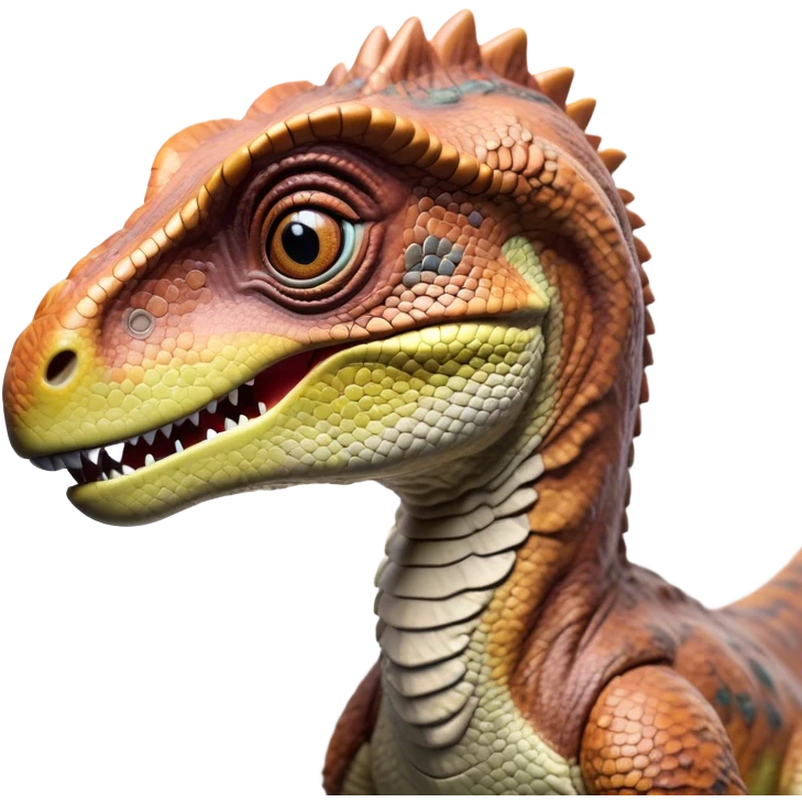 Cinematic Realistic Cute velociraptor/T-rex Portrait Emoji, Head tilted playfully and inquisitively, featuring a compact, slightly rounded build with intricately detailed, textured scales in natural hues and a surprisingly endearing face with bright, curious eyes, rendered with lifelike clarity and warm natural light, high shine, affectionate and quirky, styled with a touch of prehistoric whimsy, soft glowing outline, capturing the essence of a mischievous yet lovable velociraptor/T-rex that seems poised to stomp playfully into your arms! emoji
