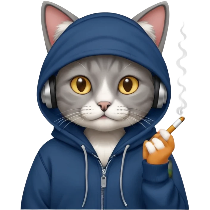 cat in headphones, in a dark-blue almost black oversized hoodie with a cigarette in his hand emoji