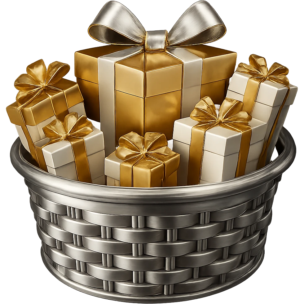 Make the gifts gold and white, keep the basket and everything else chrome in 3D metallic style, no background. emoji