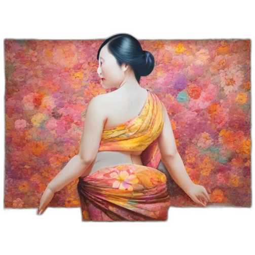 macro,floor-to-ceiling shot,macrophotography,japanese-sari as body-painted navel as pawg-art piece installation in NYC MoMa emoji
