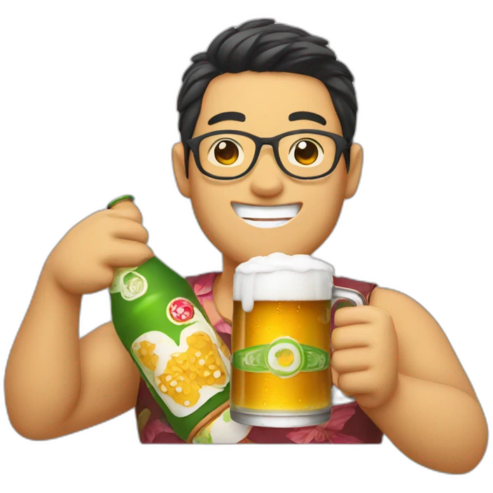 Japanese wearing roundglasses alohashirt is holding beer emoji