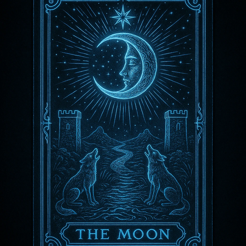 mystical tarot card, neon blue color, glowing edges, detailed illustration, dark background emoji