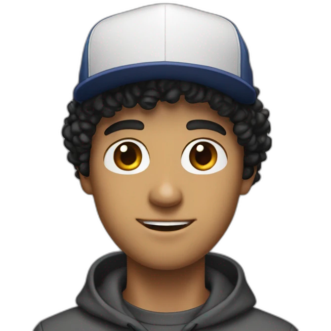 20yo Curly white man black hair with a MacBook and a ny cap emoji