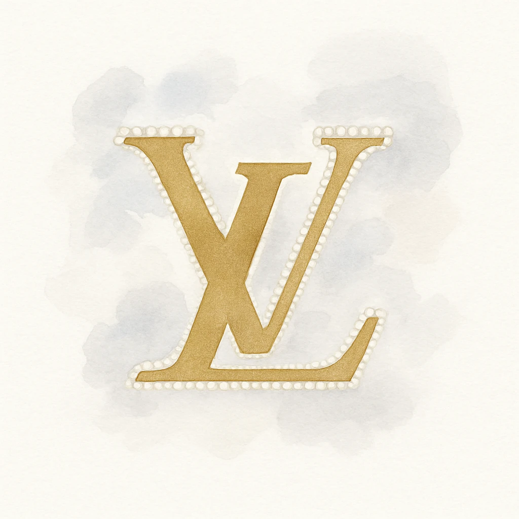 Louis Vuitton LV monogram, metallic gold, pearl border, elegant, watercolor art style emoji