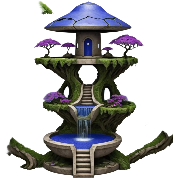 Alien saucer house jungle-vines unevenly precarious stairway fountain mountain-island landscape antique mudman very old broken cracked intricate Stone Age lapis-crusted irregular dodecagon-shaped shallow dark moss rough bark violet serissa flowered maple tree bonsai pot emoji