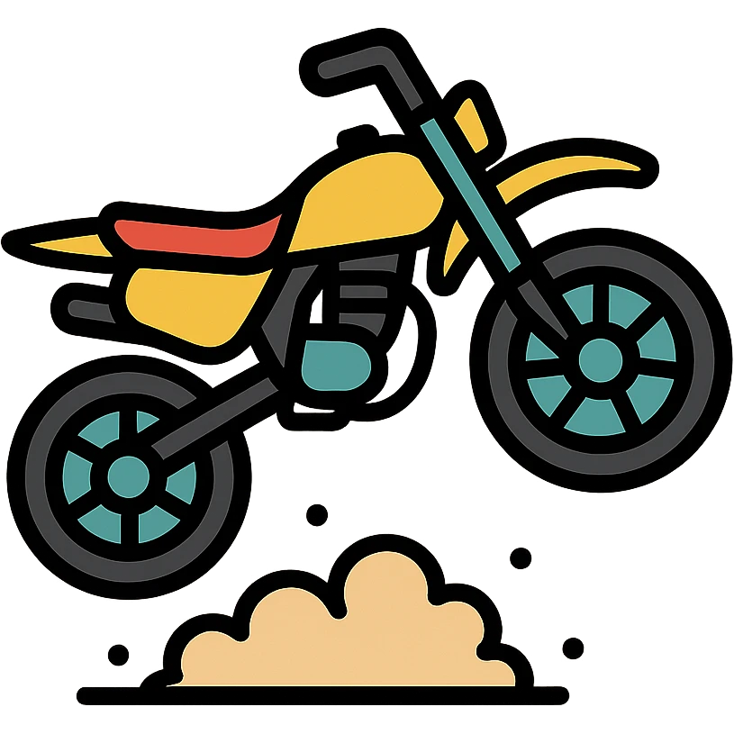 125cc dirtbike, jumping, with dust trail, energetic, icon, lineal color icon with black outlines emoji