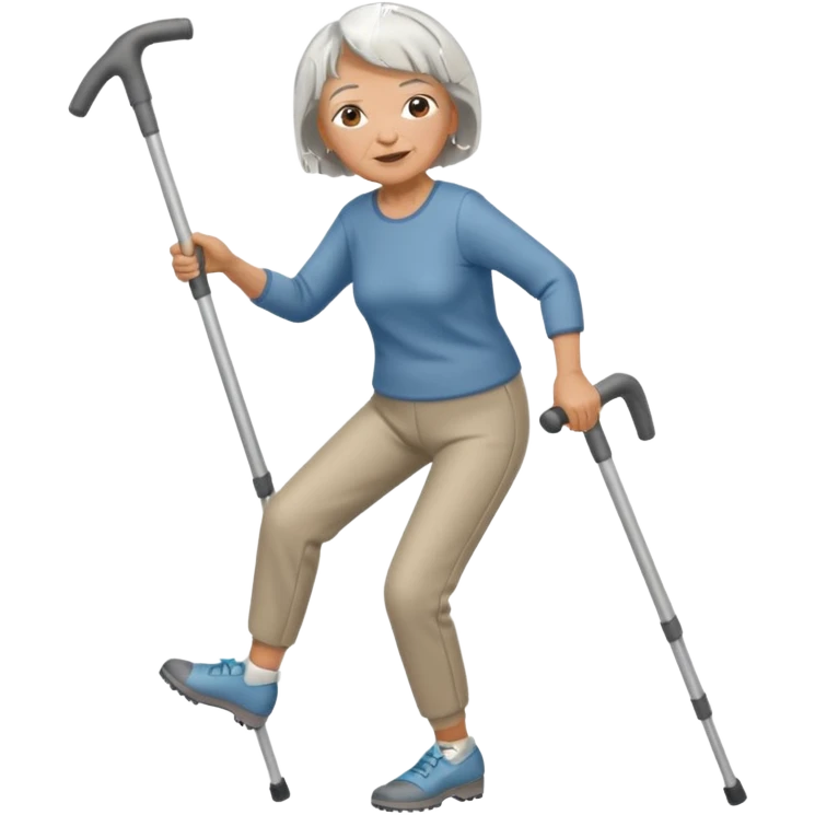 old woman with short hair, dressed with pants,  dancing with crutches emoji