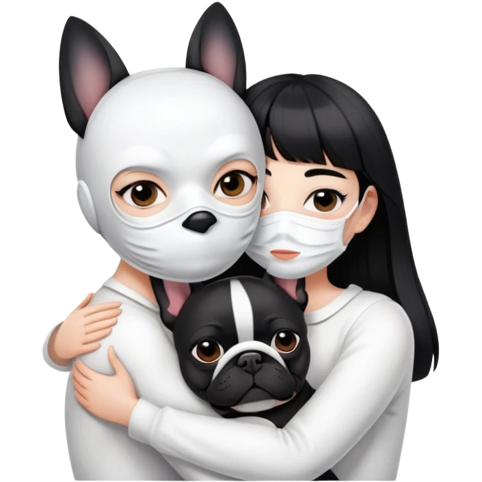 girl with short black straight bangs hair wearing a white mask and hugging one black French bulldoge  emoji