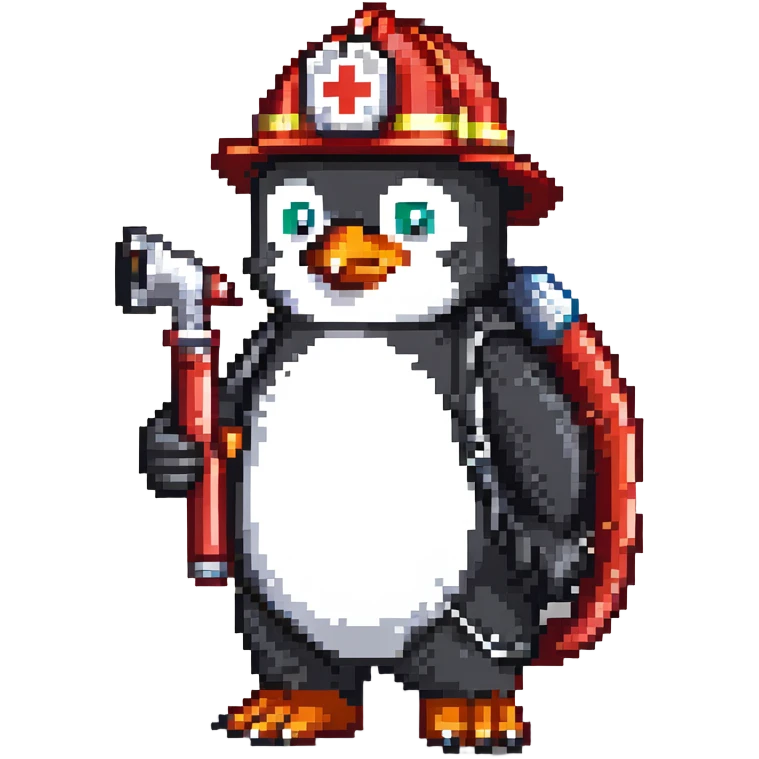 penguin firefighter with helmet and fire hose emoji