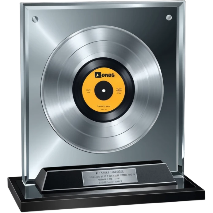A platinum music award plaque: a square, polished platinum plate with a subtly textured, mirror-like finish, mounted on a simple dark metal base. The center features a relief of a or stylized vinyl record in a slightly darker metallic tone.  emoji