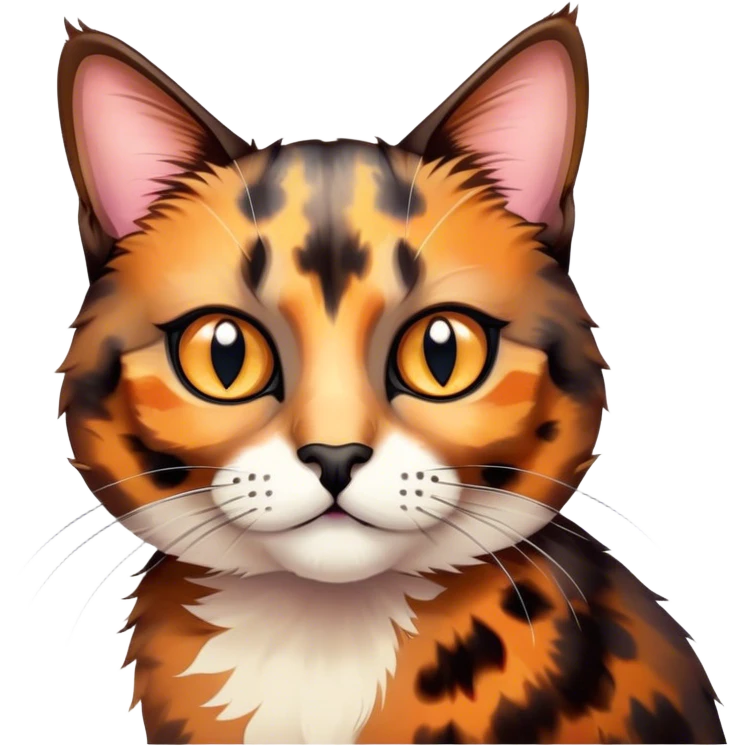 Cinematic Cute Tortoiseshell Cat Portrait Emoji, Head cocked sweetly with bright, curious eyes and a cuddly, mottled fur of rich browns and blacks, simplified yet charmingly adorable, highly detailed, glowing with a warm, gentle radiance, high shine, playful and endearing, styled with a dash of whimsical feline magic, soft glowing outline, capturing the essence of a cute tortoiseshell cat that seems ready to pounce with affectionate mischief! emoji