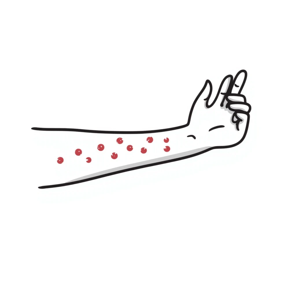 Detailed drawing of arm showing allergy skin prick test on forearm with small red welts, hand with all 5 fingers visible emoji