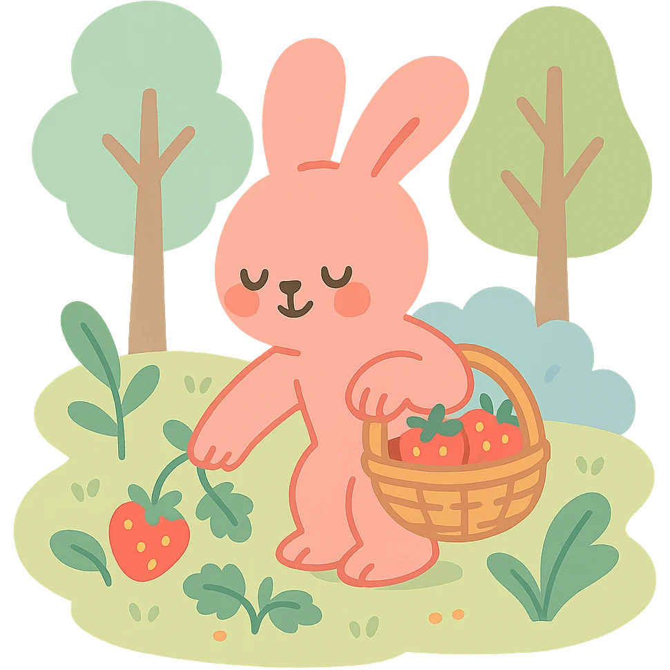 A sweet pastel red bunny picking strawberries in the woods, soft pastel style, transparent background emoji