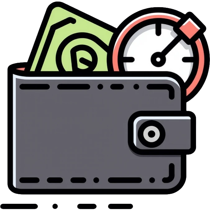 black wallet with dollars visible inside and a small clock in top right corner positioned over the wallet emoji