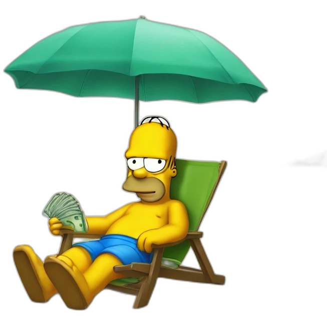 homero simpson en la playa con sombrilla y dinero emoji