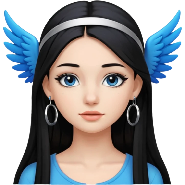 Girl with Black long straight hair with headband black one that puts hair pushed back winged eyeliner both upoer and lower line blue eyeshadow silver hoops  emoji