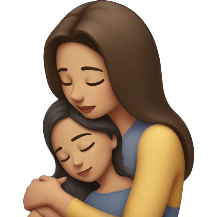 A brunette in her 20s hugging a child version of herself with closed eyes emoji
