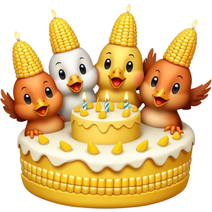 Chickens, singing, happy birthday with a corn on the cob cake ￼ emoji