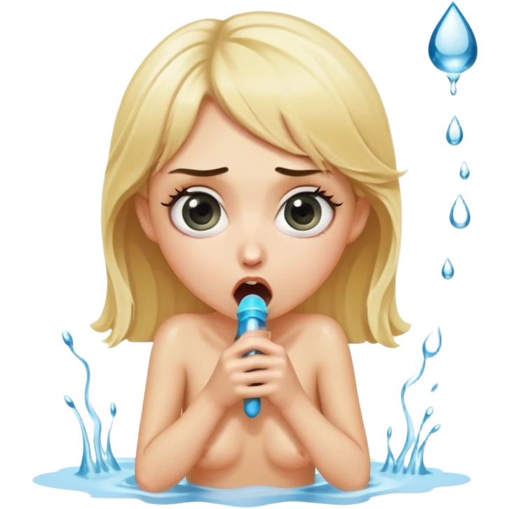 blond woman sitting on her knees with wide eyes, she's holding a thick short stick with a big knob, the stick is made of skin, water squirting from the knob into her mouth, shocked face emoji
