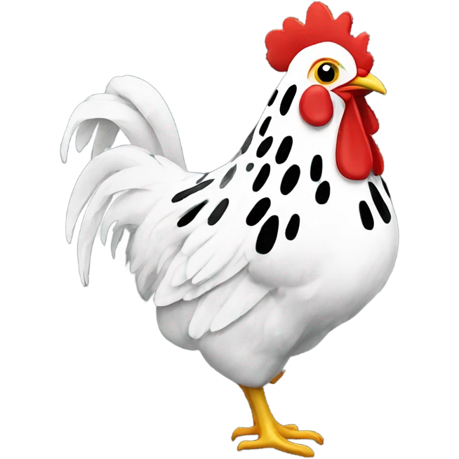 Black and white spotted chicken in the rain emoji