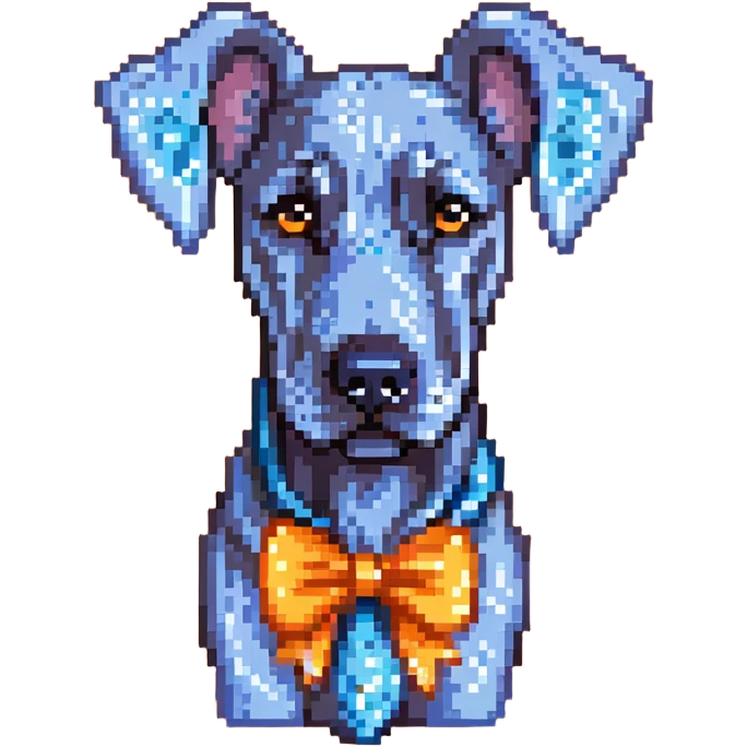 Blue Great Dane dog with a sparkly bow on its ear, pixel art style emoji