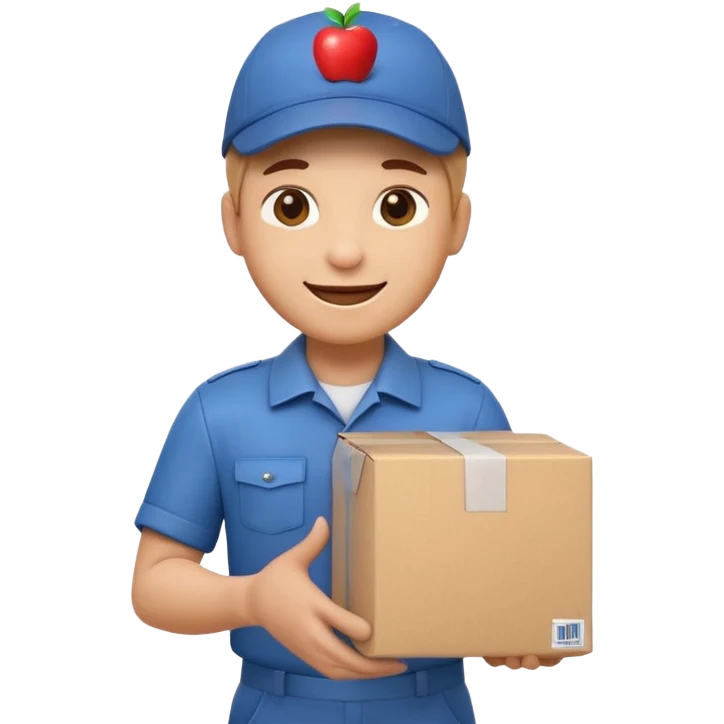 3D Apple-style emoji of a delivery worker holding a cardboard package. Wearing a cap and uniform shirt, smiling expression. Rounded, glossy, smooth, soft shadows, white background.




 emoji