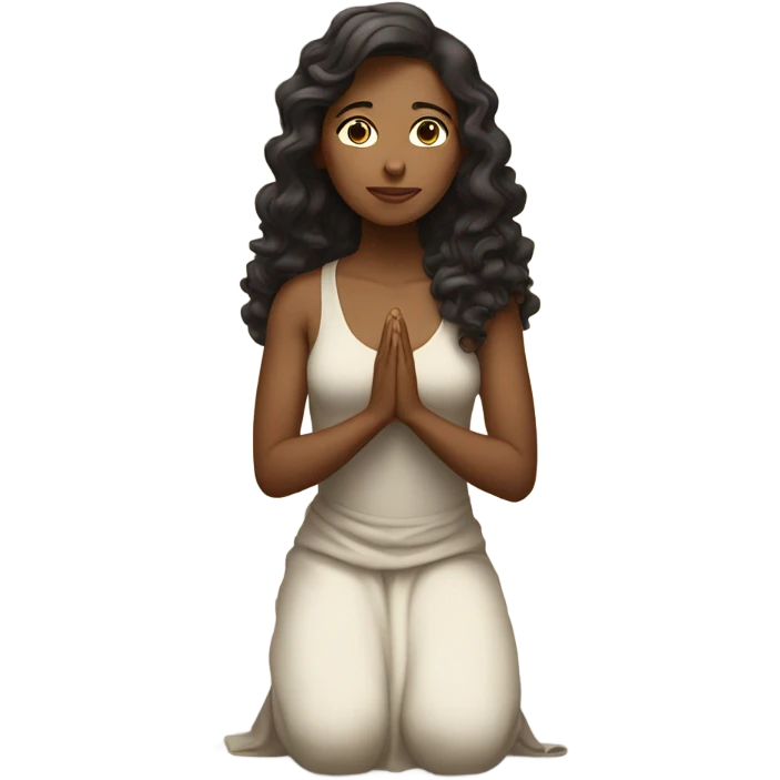 A woman kneeling praying, in a long dress, mid length curly dark brown hair emoji