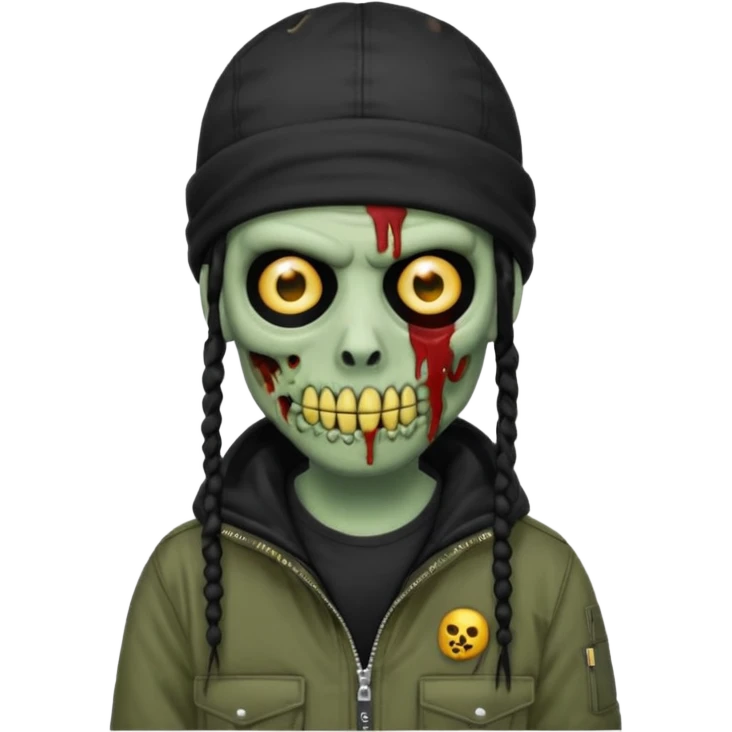 a zombie emoji with black dreads and a black carheartt jacket and black nike ski mask on his head emoji